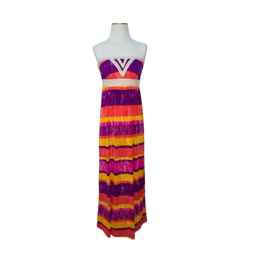 2B bebe Strapless Lace Trim Striped Maxi Dress Purple Pink Orange Yellow S